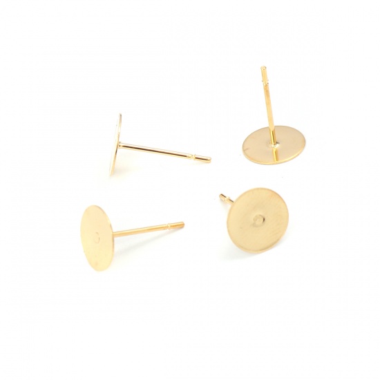 Picture of Stainless Steel Ear Post Stud Earrings Round Gold Plated Cabochon Settings (Fits 8mm Dia.) 8mm Dia., Post/ Wire Size: (21 gauge), 50 PCs