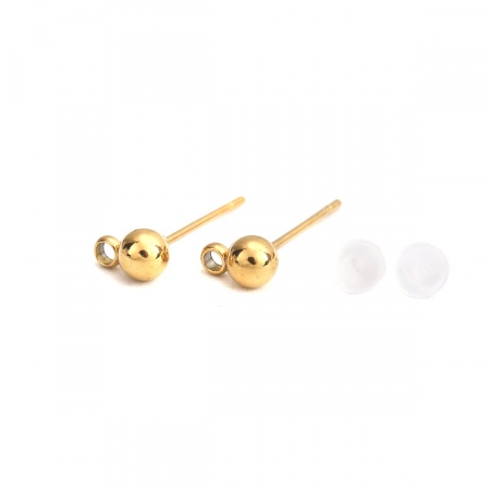 Bild von Edelstahl Ohrring Ohrstecker Rund Vergoldet M/Öse 6mm x 4mm, Drahtstärke: (21 gauge), 10 Stück