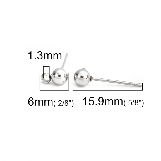 Picture of Stainless Steel Ear Post Stud Earrings Round Silver Tone W/ Loop 6mm x 4mm, Post/ Wire Size: (21 gauge), 20 PCs