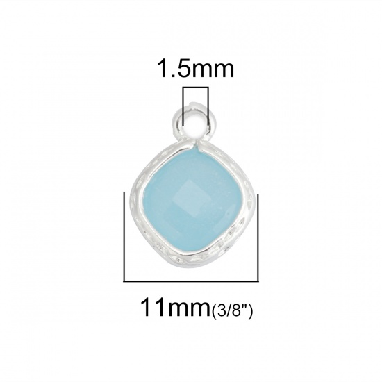 Picture of Copper & Glass Charms Rhombus Silver Plated Light Blue Faceted 14mm x 11mm, 10 PCs