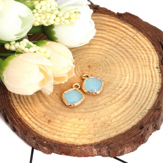 Picture of Copper & Glass Charms Rhombus Gold Plated Light Blue Faceted 14mm x 11mm, 10 PCs