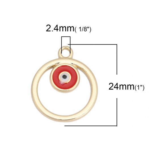 Immagine di Lega di Zinco Charms Tondo Oro Placcato Rosso Malocchio Smalto 24mm x 20mm , 10 Pz