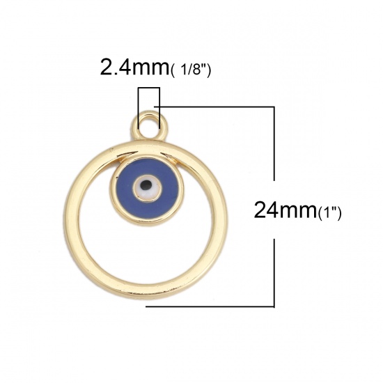 Immagine di Lega di Zinco Charms Tondo Oro Placcato Blu Malocchio Smalto 24mm x 20mm , 10 Pz