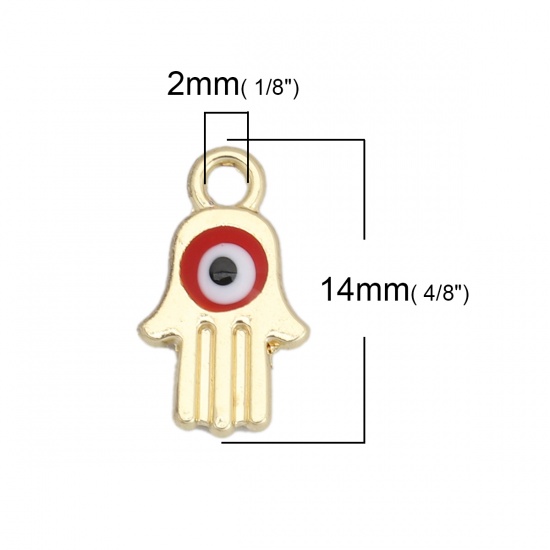 Picture of Zinc Based Alloy Charms Hamsa Symbol Hand Gold Plated Red Evil Eye Enamel 14mm x 8mm, 10 PCs