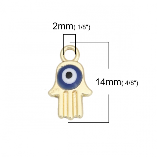 Picture of Zinc Based Alloy Charms Hamsa Symbol Hand Gold Plated Blue Evil Eye Enamel 14mm x 8mm, 10 PCs