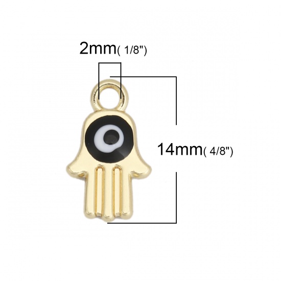 Picture of Zinc Based Alloy Charms Hamsa Symbol Hand Gold Plated Black Evil Eye Enamel 14mm x 8mm, 10 PCs
