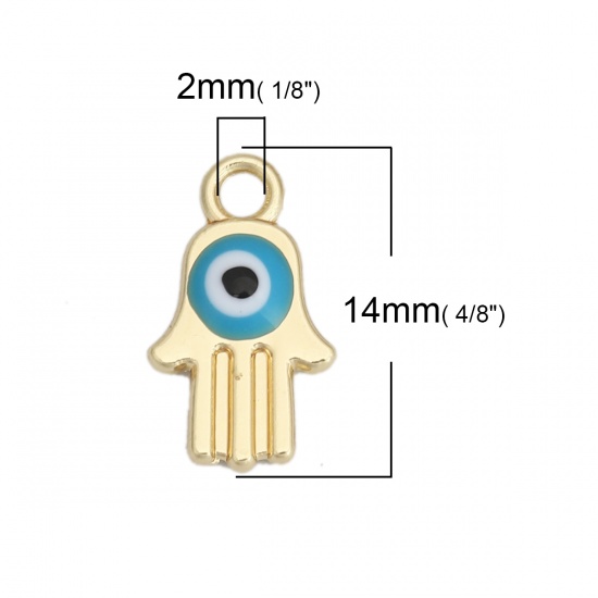 Picture of Zinc Based Alloy Charms Hamsa Symbol Hand Gold Plated Cyan Evil Eye Enamel 14mm x 8mm, 10 PCs
