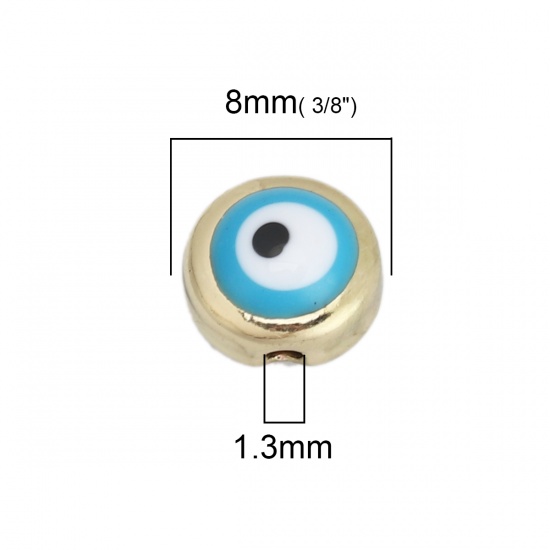 Picture of Zinc Based Alloy Spacer Beads Round Gold Plated Cyan Evil Eye Pattern Enamel About 8mm Dia., Hole: Approx 1.3mm, 10 PCs