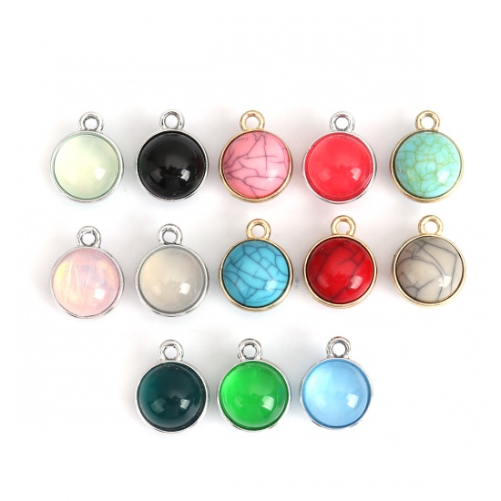 Picture of Zinc Based Alloy Charms Round Gold Plated Gray With Resin Cabochons Imitation Turquoise 17mm x 14mm, 10 PCs