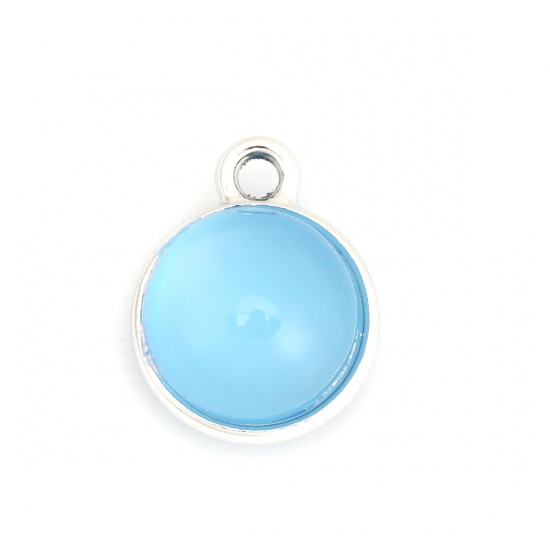 Picture of Zinc Based Alloy Charms Round Silver Tone Cyan Cat's Eye Imitation 17mm x 14mm, 10 PCs