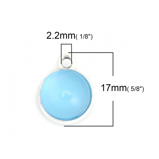 Picture of Zinc Based Alloy Charms Round Silver Tone Cyan Cat's Eye Imitation 17mm x 14mm, 10 PCs