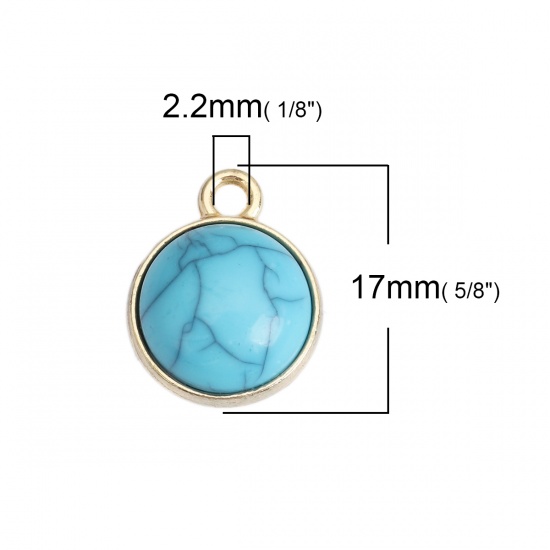 Picture of Zinc Based Alloy Charms Round Gold Plated Peacock Blue With Resin Cabochons Imitation Turquoise 17mm x 14mm, 10 PCs