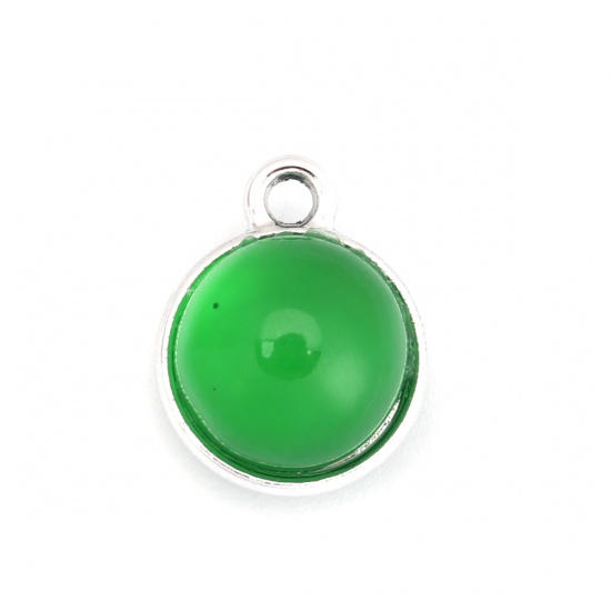 Picture of Zinc Based Alloy Charms Round Silver Tone Emerald Cat's Eye Imitation 17mm x 14mm, 10 PCs