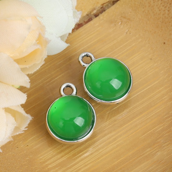Picture of Zinc Based Alloy Charms Round Silver Tone Emerald Cat's Eye Imitation 17mm x 14mm, 10 PCs