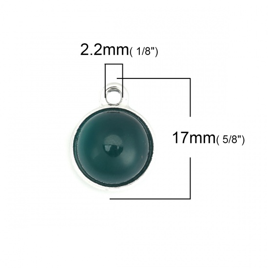 Picture of Zinc Based Alloy Charms Round Silver Tone Dark Green Cat's Eye Imitation 17mm x 14mm, 10 PCs