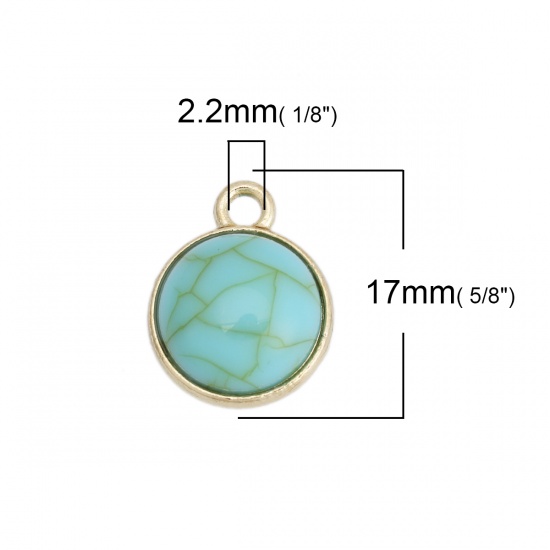Picture of Zinc Based Alloy Charms Round Gold Plated Peacock Green With Resin Cabochons Imitation Turquoise 17mm x 14mm, 10 PCs
