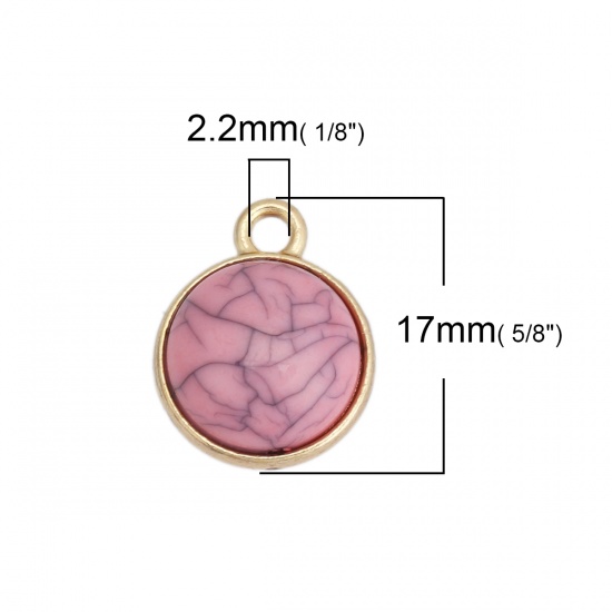 Picture of Zinc Based Alloy Charms Round Gold Plated Light Pink With Resin Cabochons Imitation Turquoise 17mm x 14mm, 10 PCs