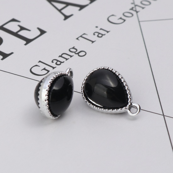 Picture of Zinc Based Alloy & Resin Charms Drop Silver Tone Black 19mm x 13mm, 10 PCs