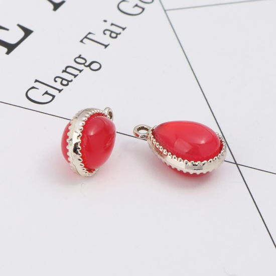 Picture of Zinc Based Alloy & Resin Charms Drop Silver Tone Red Cat's Eye Imitation 19mm x 13mm, 10 PCs