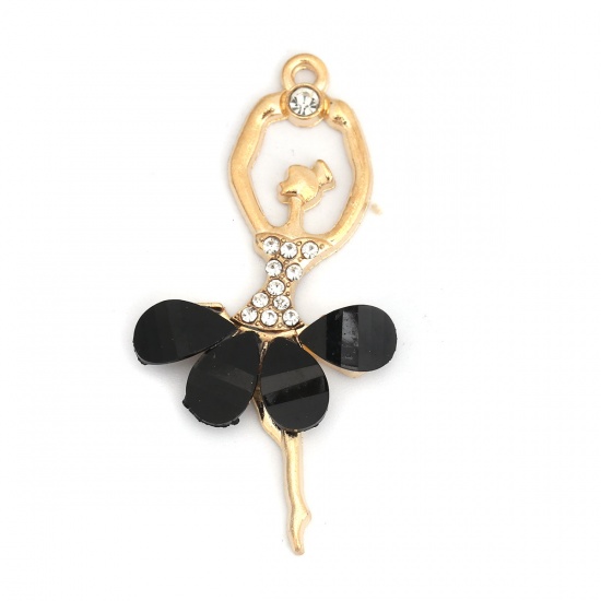 Picture of Zinc Based Alloy & Acrylic Pendants Ballerina Gold Plated Black Clear Rhinestone Faceted 6cm x 3cm, 5 PCs