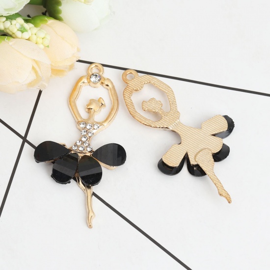 Picture of Zinc Based Alloy & Acrylic Pendants Ballerina Gold Plated Black Clear Rhinestone Faceted 6cm x 3cm, 5 PCs
