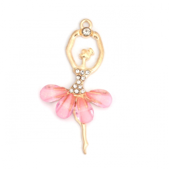 Picture of Zinc Based Alloy & Acrylic Pendants Ballerina Gold Plated Light Pink Clear Rhinestone Faceted 6cm x 3cm, 5 PCs