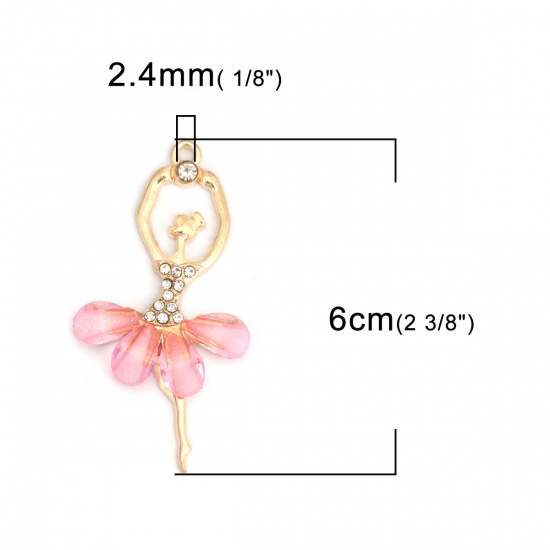Picture of Zinc Based Alloy & Acrylic Pendants Ballerina Gold Plated Light Pink Clear Rhinestone Faceted 6cm x 3cm, 5 PCs