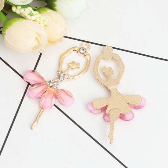 Picture of Zinc Based Alloy & Acrylic Pendants Ballerina Gold Plated Light Pink Clear Rhinestone Faceted 6cm x 3cm, 5 PCs