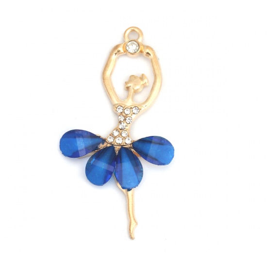 Picture of Zinc Based Alloy & Acrylic Pendants Ballerina Gold Plated Royal Blue Clear Rhinestone Faceted 6cm x 3cm, 5 PCs