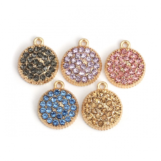 Picture of Zinc Based Alloy Micro Pave Charms Round Gold Plated Gear Champagne Rhinestone 20mm x 17mm, 5 PCs