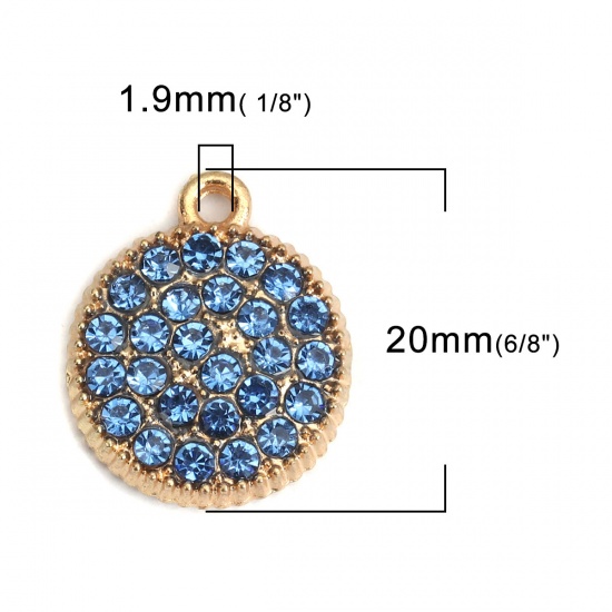 Picture of Zinc Based Alloy Micro Pave Charms Round Gold Plated Gear Blue Rhinestone 20mm x 17mm, 5 PCs