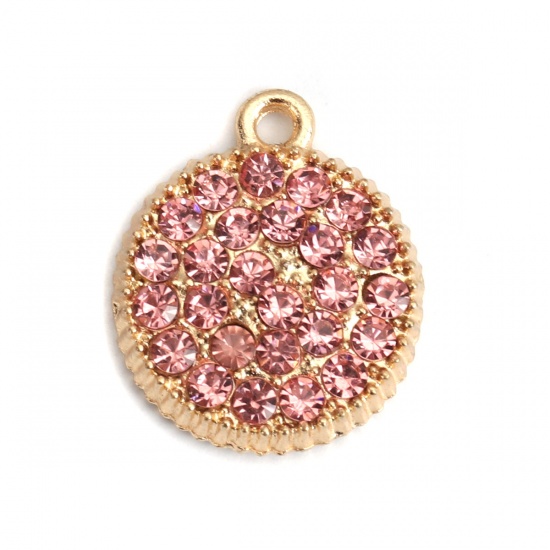 Picture of Zinc Based Alloy Micro Pave Charms Round Gold Plated Gear Korea Pink Rhinestone 20mm x 17mm, 5 PCs