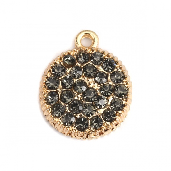 Picture of Zinc Based Alloy Micro Pave Charms Round Gold Plated Gear Black Rhinestone 20mm x 17mm, 5 PCs