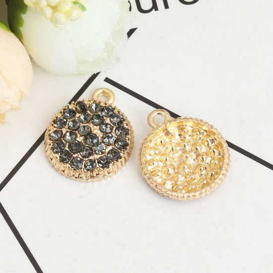 Picture of Zinc Based Alloy Micro Pave Charms Round Gold Plated Gear Black Rhinestone 20mm x 17mm, 5 PCs