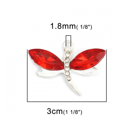 Picture of Zinc Based Alloy & Acrylic Pendants Dragonfly Animal Silver Plated Red Clear Rhinestone Faceted 3cm x 2.2cm, 10 PCs