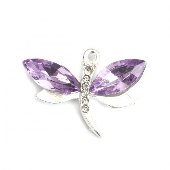 Picture of Zinc Based Alloy & Acrylic Pendants Dragonfly Animal Silver Plated Purple Clear Rhinestone Faceted 3cm x 2.2cm, 100 PCs