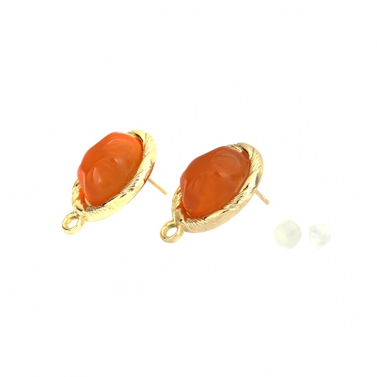 Picture of Zinc Based Alloy Ear Post Stud Earrings Findings Oval Gold Plated Orange With Resin Cabochons W/ Loop 23mm x 15mm, Post/ Wire Size: (20 gauge), 2 Pairs