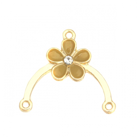 Picture of Zinc Based Alloy Connectors Arched Gold Plated Pale Yellow Flower Enamel Clear Rhinestone 25mm x 23mm, 10 PCs
