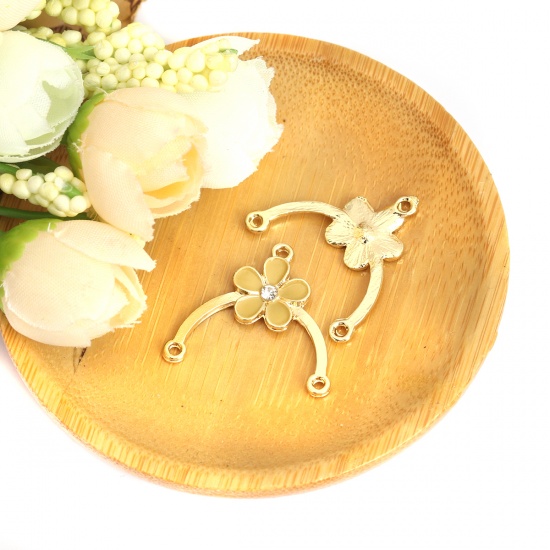 Picture of Zinc Based Alloy Connectors Arched Gold Plated Pale Yellow Flower Enamel Clear Rhinestone 25mm x 23mm, 10 PCs