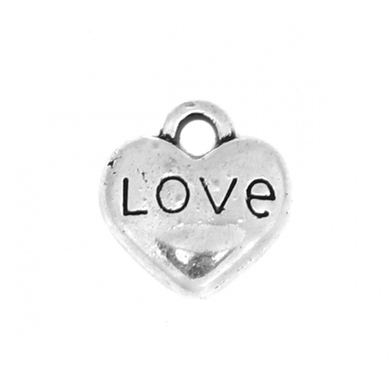 Image de Breloques en Alliage de Zinc Cœur Argent Vieilli Message" LOVE " 9mm x 8mm, 100 Pcs