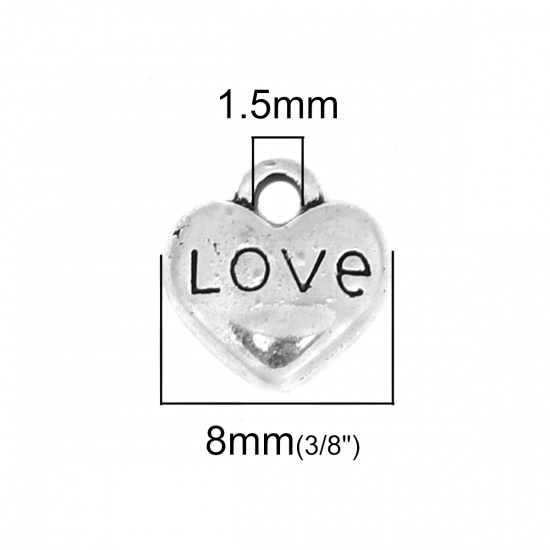 Image de Breloques en Alliage de Zinc Cœur Argent Vieilli Message" LOVE " 9mm x 8mm, 100 Pcs