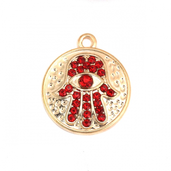 Picture of Zinc Based Alloy Charms Round Gold Plated Hamsa Symbol Hand Red Rhinestone 24mm x 20mm, 5 PCs