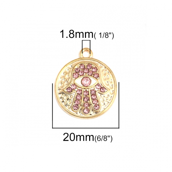 Image de Breloques en Alliage de Zinc Rond Doré Khamsa Symbole Paume à Strass Rose 24mm x 20mm, 5 Pcs