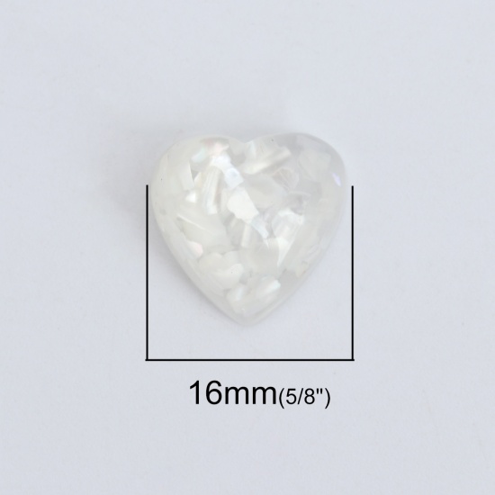 Picture of Resin & Shell Mosaic Dome Seals Cabochon Heart White Transparent 16mm x 16mm, 10 PCs