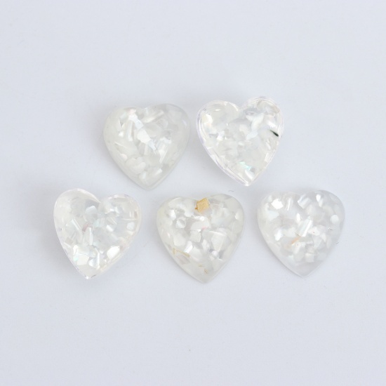 Picture of Resin & Shell Mosaic Dome Seals Cabochon Heart White Transparent 16mm x 16mm, 10 PCs