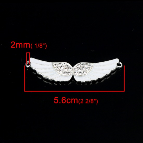 Picture of Zinc Based Alloy Connectors Wing Silver Plated White Enamel Clear Rhinestone 5.6cm x 1.6cm, 1 Piece