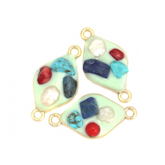 Picture of Zinc Based Alloy & Resin & Stone Enamel Connectors Rhombus Gold Plated Multicolor Imitation Pearl 27mm x 14mm, 5 PCs