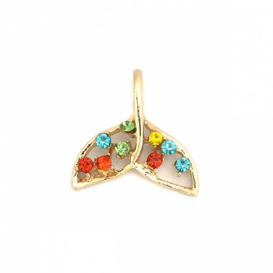 Picture of Zinc Based Alloy Charms Fishtail Gold Plated Multicolor Rhinestone Hollow 17mm x 17mm, 10 PCs