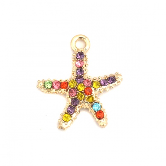 Picture of Zinc Based Alloy Ocean Jewelry Charms Star Fish Gold Plated Multicolor Rhinestone 17mm x 15mm, 5 PCs