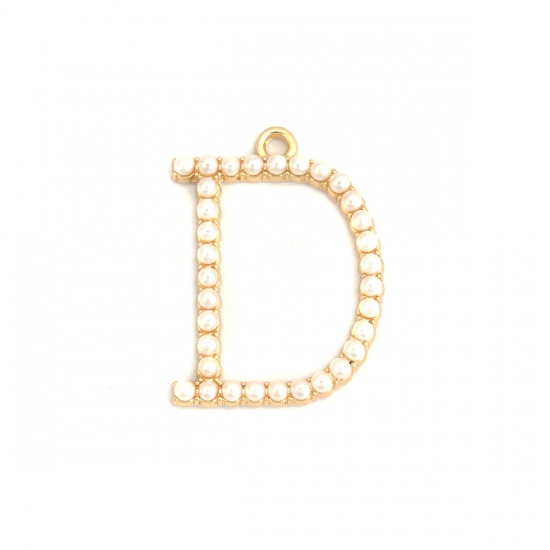 Picture of Zinc Based Alloy Charms Letter D Gold Plated White Acrylic Imitation Pearl 29mm x 22mm, 5 PCs